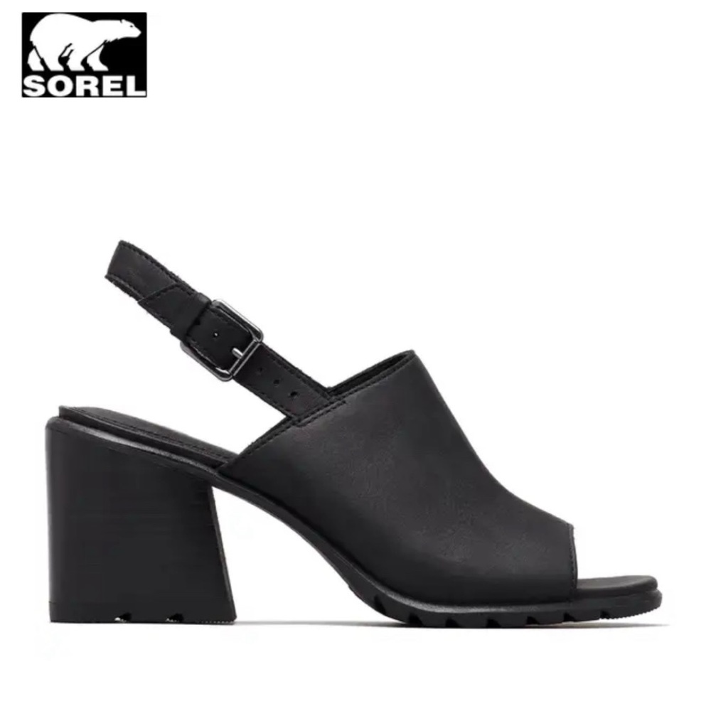 Anthropologie‎ Women's SOREL Nadia Black Leather Slingback Chunky Heel S…